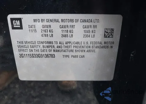 2016 Chevrolet Impala 2Lt z USA, uszkodzony, nr VIN 2G1115S33G9136783